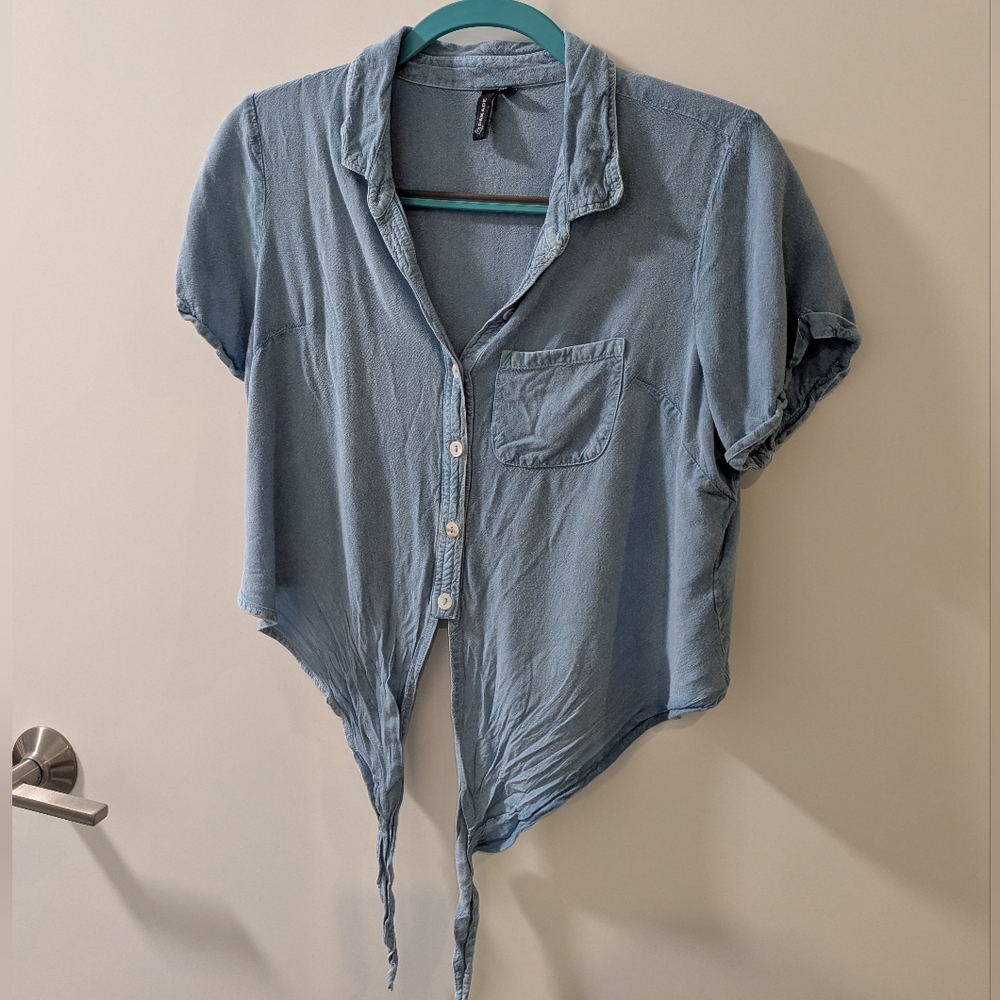 Light Blue Chambray Button-Up Crop Top